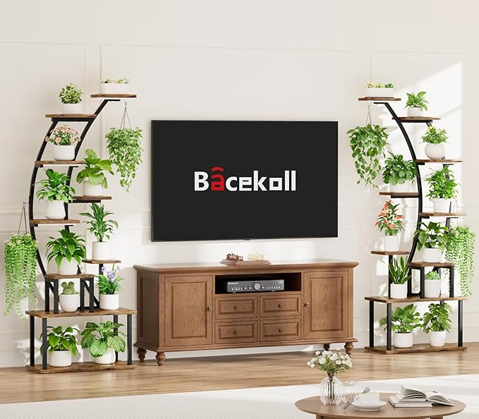 BACEKOLL Plant Stand Indoor with Grow Lights, 9 Tiered Metal Plant Shelf, 64" Tall Plant Stand for Indoor Plants Multiple, Large Plant Rack Display Shelf, Curved Plant Holder for Living Room, Patio