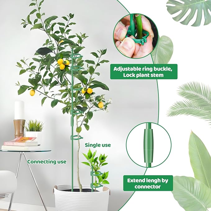 12inch Plant Stakes, 16Pcs Adjustable Plant Support Stake Plant Sticks for Indoor Outdoor Green Poles with Rings Clips & Ties for Potted Plants Monstera Tomato Orchid Flower