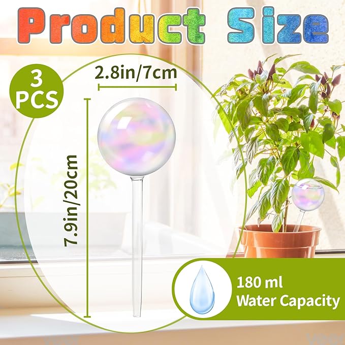 3 Pcs Iridescent Self Watering Globes,Automatic Plant Glass Waterer Bulbs,Rainbow Plant Watering Insert,Clear Glass Plant Water Globes for Indoor & Outdoor