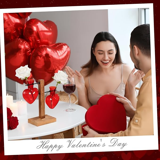 Remerry Red Heart Plant Terrarium with Wooden Stand 2 Heart Glass Vases Planter Propagation Station Tabletop Planter for Hydroponics Decor Plant Lover Gift