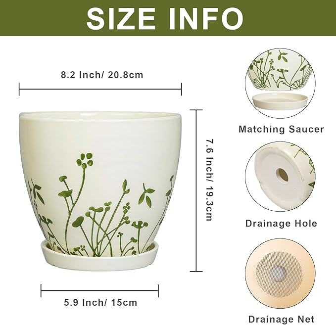 MPotTo Indoor Plant Pot 8.2 Inch - Ceramic Planter with Drainage Hole and Saucer, Boho Round Decorative Flower Pot for Indoor Outdoor Flowers, Plant Lover Gifts, Office Home Garden Patio Decor, White