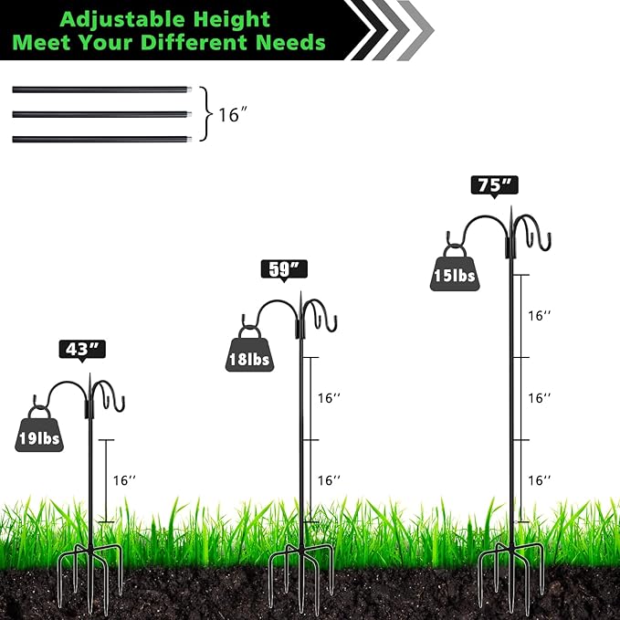 FEED GARDEN [Upgrade Version 76 Inch Three Shepherd Hooks for Outdoor,Bird Feeder Pole with 5 Prong Base, Adjustable Shepard Hooks for Hanging Plant, Solar Lanterns, Wind Chimes, 1 Pack