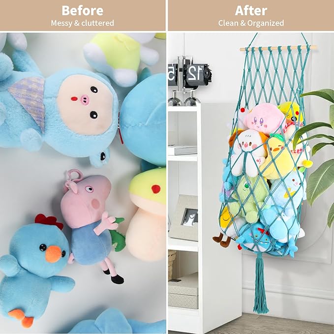 68 Inch Stuffed Animal Storage, Jumbo Macrame Stuffed Animal Hammock Corner, Wall Ceiling Hanging Toy Stuffy Hammock Plushie Net Display for Kids Boys Girls Nursery Decor (Aqua)