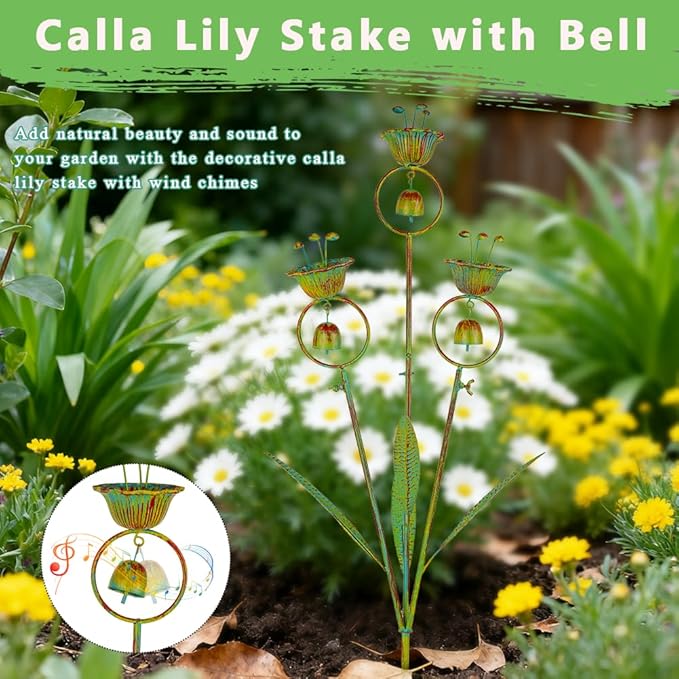Calla Lily Garden Stake with Bells, Metal Flower Decorative Garden Stakes, 34" H Yard Art for Outdoor Lawn Patio Pathway Decor, Yellow