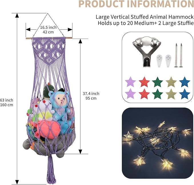 Stuffed Animal Storage Net, 63’’ Jumbo Stuffed Animal Hammock Corner Wall Ceiling Over Door Hanging Toy Hammock Organizer, Purple Boho Macrame Plushie Toy Net w/ LED Lights for Baby Boys Girls Gift
