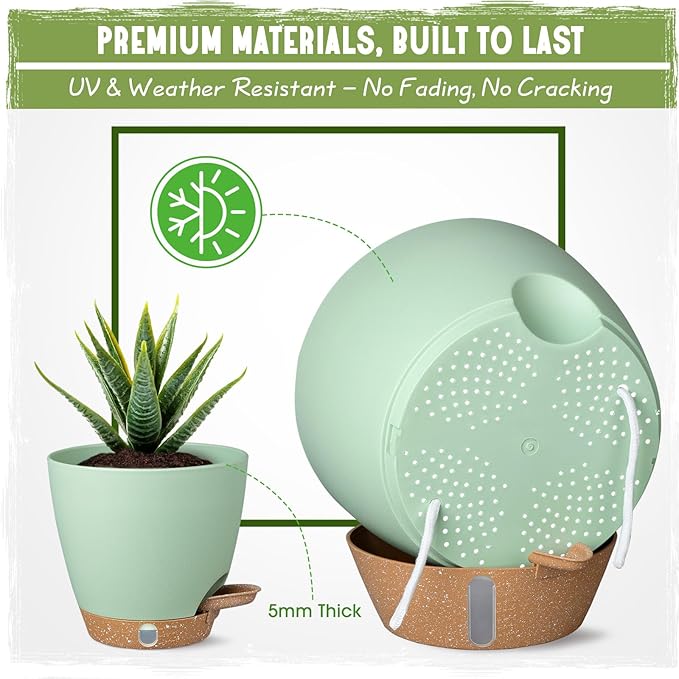 Self-Watering Pots for Indoor Plants 4 Pack, 6/8/10/12 Inch Outdoor Planters with Water Level Indicator & Deep Reservoir, Decorative Flower Pots for Home Decor (Green, 12+10+8+6 Inch)