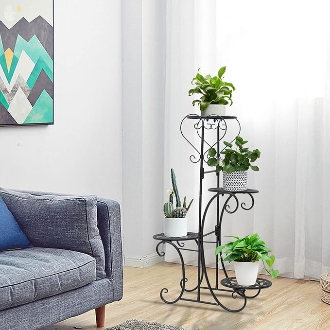 Metal Plant Stand Indoor & Outdoor Wrought Iron Plant Stands Flower Pot Holder Shelf for Multi Plants, Flower Holder Racks for Patio Garden, Living Room, Corner Balcony (4 Tier)