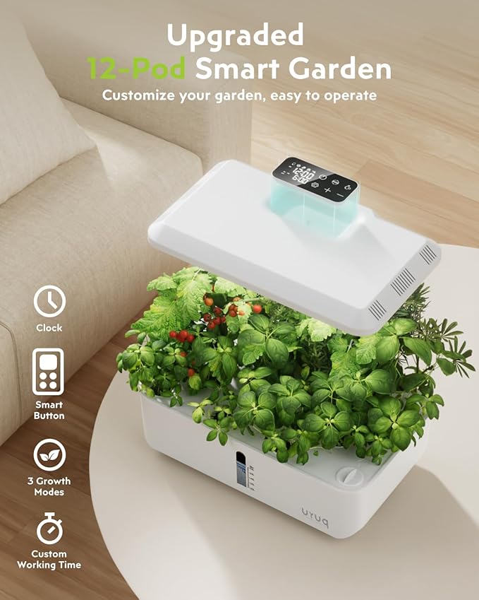 URUQ Hydroponics Growing System Garden: 12 Pods Indoor Gardening System with Custom Time Grow Light Height Adjustable Quiet Plants Germination Kit - Gardening Gifts White