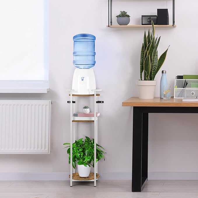 OYEAL Water Dispenser Stand 5 Gallon Water Cooler Jug Storage Rack Water Filter Stand with 2 Storage Shelves, Modern Flower Shelf Display for Home Kitchen Office Space Save, Rustic Brown & White