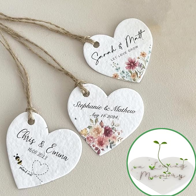 Personalized Heart Card Tags Plantable Wildflower Seeds Paper Heart Eco-Friendly Biodegradable Paper Wedding Memorial Gift Bereavement Gift For Bereaved Mother Or Father (Pack Of 20)