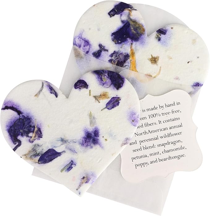 Set of 24 Purple Heart Seed Paper – Writable & Plantable Wildflower with Envelopes & Planting Guides, Mom's Gift for Mother’s Day, Use for Wedding, Baby Shower, Heart Party Favors & Easter Decorations