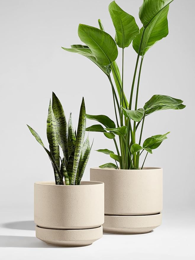 LE TAUCI Large 14 Inch Plant Pot with Saucer | Ceramic Outdoor & Indoor Big Planter Pot | Drainage Hole, Mesh Pad | Unglazed Porous | Modern Minimalist for Home and Patio – Speckled Oat
