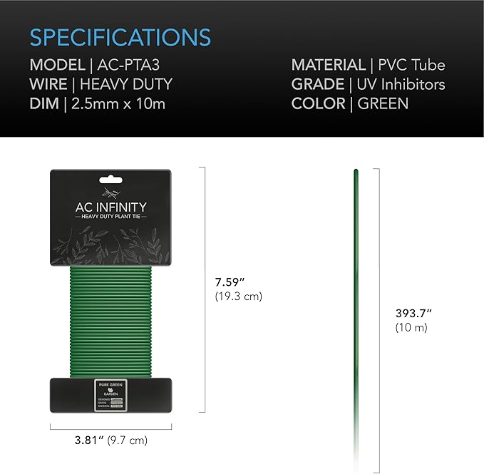AC Infinity Heavy-Duty Twist Ties, 10m (32.8 ft.) All-Purpose Reusable Green Wire Plant Ties, for Gardening, Plant Support, and Home Office Organization