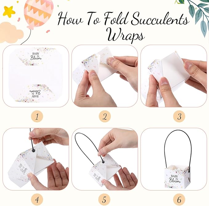 Soaoo 60 Pcs Succulent Baby Shower Favors Bulk Grow Succulents Wrap Bags with Handles Baby in Bloom Plants Paper Pots Gift Boxes Decorations Supplies Plants not Included Fits 2 Inch Pots (Wildflower)