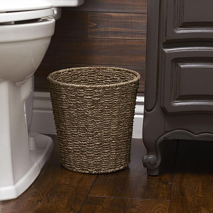 Household Essentials Seagrass Wicker Waste Basket, Handwoven Waste Bin with Metal Frame, Perfect for Bathrooms and Bedrooms,