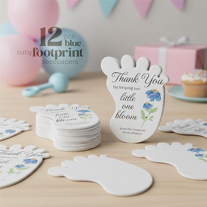 12pcs Blue Footprint-Shaped Gift Tags with Wildflower Seeds - Writable Gift Wrap Tags for Baby Showers, Mother's Day Present, Party Favors, DIY Crafts, & Earth Day Decorations
