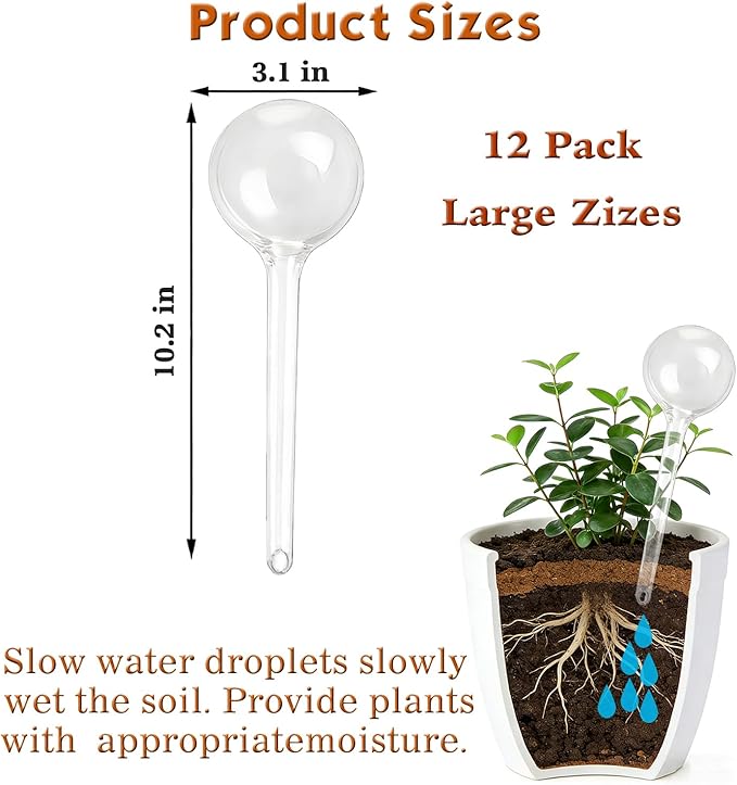 Self Watering Globes for Plants – 12 Pack Large Automatic Watering Bulbs, Vacation Plant Watering Device for Indoor & Outdoor Potted Plants, Slow Release Plant Waterer for Water Conservation