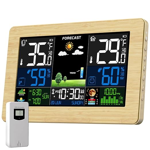 Weather Station Wireless Indoor Outdoor, Digital Thermometer with Remote Sensor, Large Display Home Weather Stations with Weather Forecast, Atomic Clock, Barometric Pressure, Moon Phase
