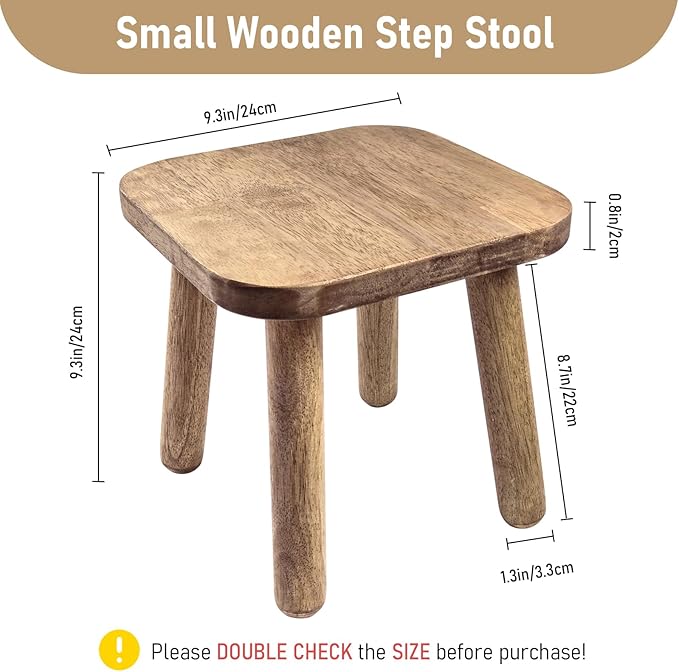 9.3 Inch Small Wooden Step Stool for Adults, Solid One Step Wood Stools Holds up to 300 Lbs, Square Plant Stand Sitting Stool Footstool for Kitchen Bathroom Living Room
