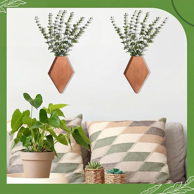 Chunful 2 Pcs Wooden Wall Planter Decor Hanging Fake Plants Greenery Flowers Holder Vase Boxes for Wall Bohemian Farmhouse Room Kitchen Office Indoor Decoration(Walnut Color,7.1 x 4.7 x 1.2 Inches)