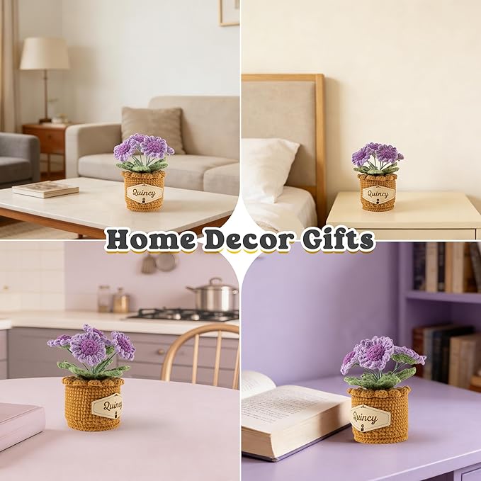 Crochet Flowers with Personalized Leather Name Tag Handmade Knitted Flowers for Home Office Desk Decor Crochet Daisy Potted Plant Crochet Gift for Women,Mom,Teacher, Friend, Birthday(Purple)