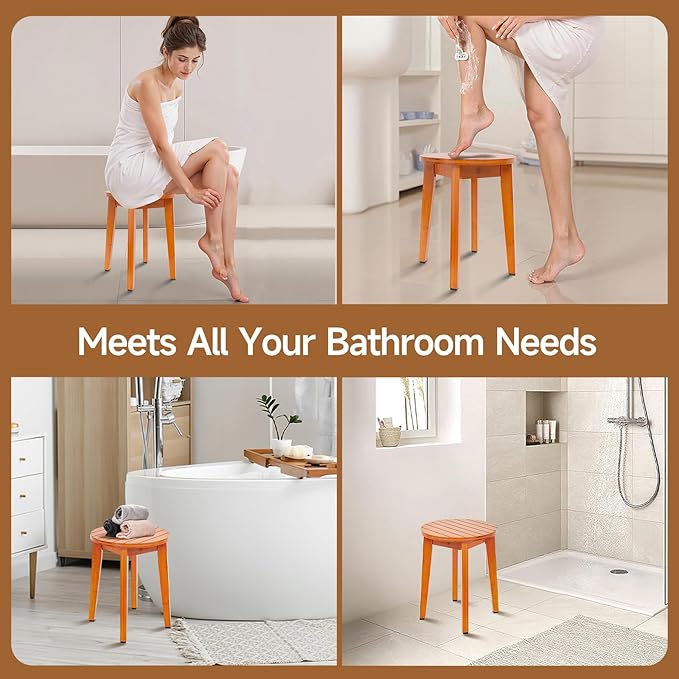 Round 16 Inch Bamboo Waterproof Shower Bathroom Stool Chair, Duty Wooden Bath Corner Shaving Legs Bench Seat (Honey Bamboo, XL)