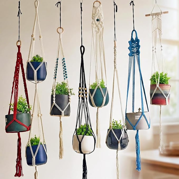 8-Pack Bohemian Macrame Plant Hanger kit, Boho Indoor Window Pot Hanger with Wooden Beads, Hanging Flower Pot Holder with Wooden Ring,Creative Handmade Boho Chic Plant Holder Length 39″