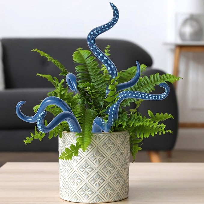 BOXOB 7pcs Octopus Tentacle Plant Stakes, Various Shapes Glow in The Dark Octopus Leg Stakes Evil Decorative Garden Stakes for Potted Plants Indoor Outdoor Decoration (Blue)