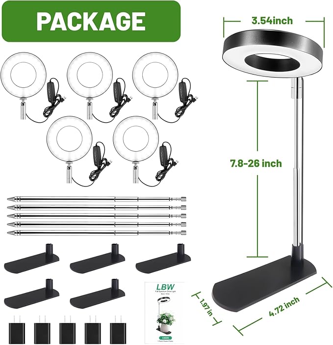 LBW Grow Light for Indoor Plants, Full Spectrum Plant Light with Base, Height Adjustable Plant Growing Lamp with Auto On/Off Timer 6/8/12/16H,3 Colors,5 Dimming Levels, for Small Plants, Black,5 packs