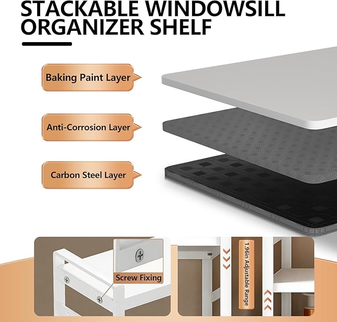 Retractable Over The Sink Shelf - Carbon Steel Window Sill Plant Shelves, Kitchen Counter Shelf for Plants & Storage Organization Accessories (Black)