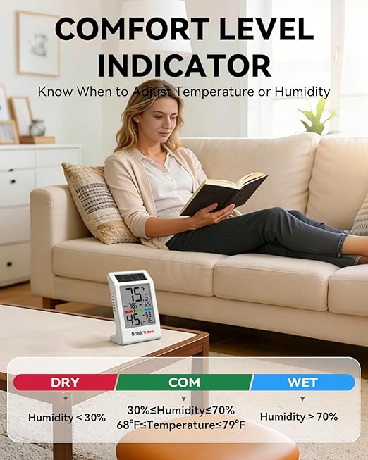 BALDR Indoor Thermometer Hygrometer, Solar Power with Battery Backup, Large Display, Daily Max/Min & Comfort Indicator Humidity Meter (White)