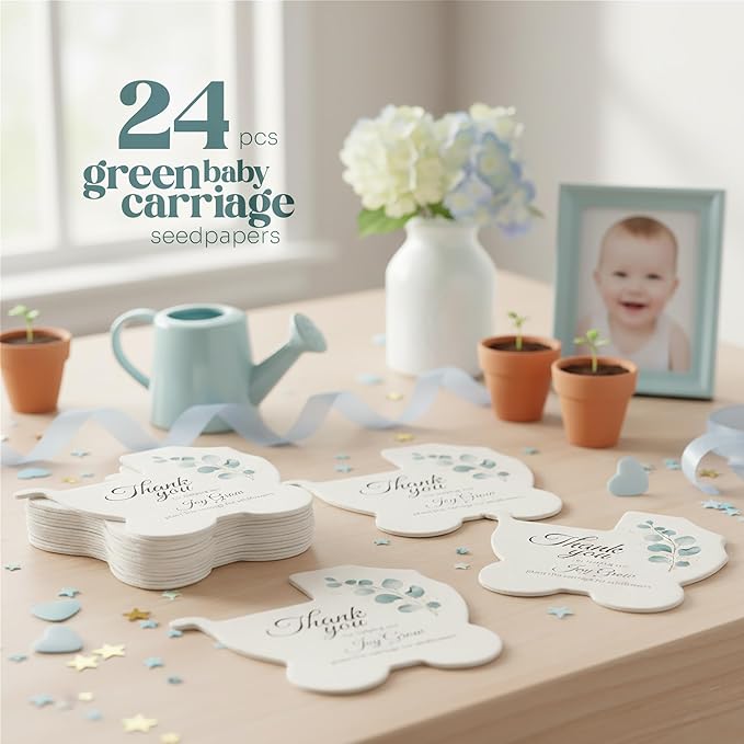 24pcs Green Carriage-Shaped Gift Tags with Wildflower Seeds - Writable Gift Wrap Tags for Baby Showers, Mother's Day Present, Party Favors, DIY Crafts, & Earth Day Decorations