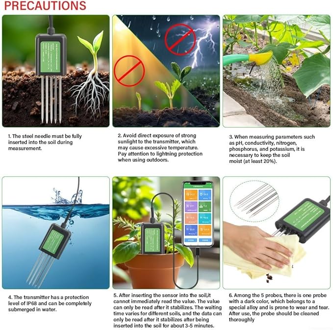 USB Soil Sensor 7-in-1 Tester For Moisture, Soil Analysis Tool, Temperature, PH & NPK Nutrients - IP68 Digital Meter For Agriculture, Gardening & Research Farming, Floriculture