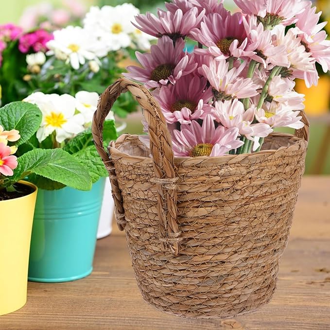 1pc Straw Flower Pot Beach Bag Large House Plant Pots Nursery Plant Pots Seagrass Plant Basket with Handles Hand Woven Plant Flower Pots Cover Seagrass Planter Basket Ornaments