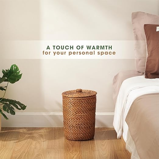 84ECO Brown Wicker Trash Can with Lid and Liner - Rattan Trash Can