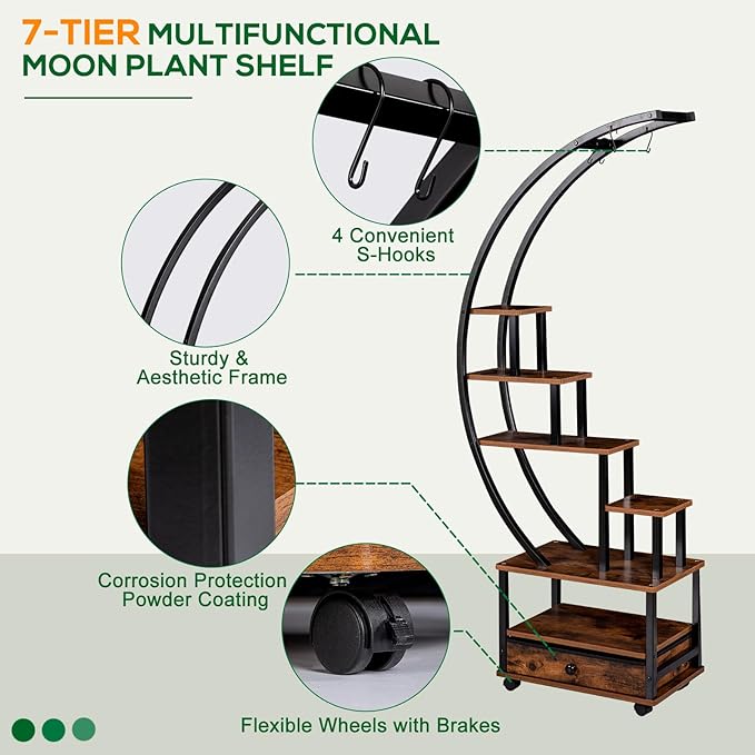 7-Tier Half Moon Indoor Plant Stand with Lockable Wheels, 71” Tall Plant Shelf with Drawer & Accessories, Plant Holder Display Rack for Multi-plants, Large Plant Rack for Patio Balcony Living Room (Half Moon)
