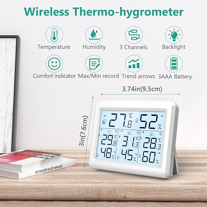 ORIA Indoor Outdoor Thermometer, Digital Hygrometer Thermometer, Wireless Temperature and Humidity Gauge Monitor with 3 Sensors, LCD Backlight for Home, Office, Bedroom, White