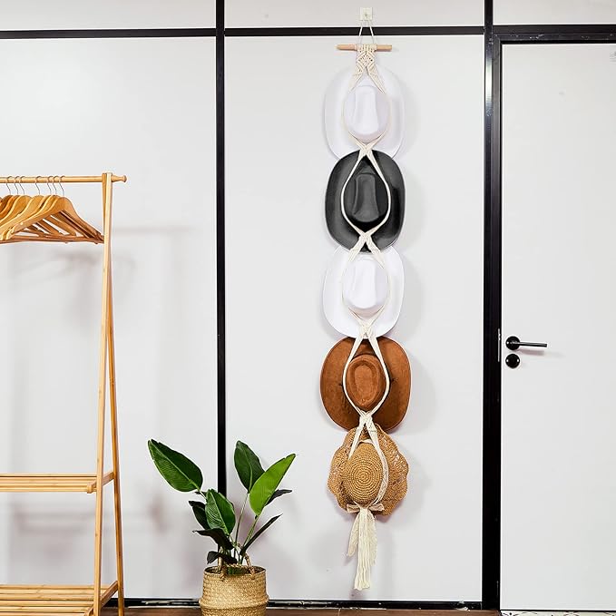 Yulejo Macrame Hat Hangers Boho Hat Rack Cowboy Hat Hanger Back of Door Hat Organizer (White,Five Hats Style)