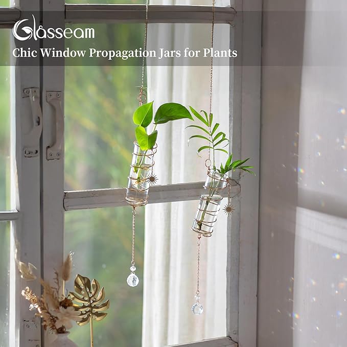 Glasseam Hanging Propagation Stations with Crystal Suncatchers Glass Wall Planters for Indoor Plants Hydroponics - 4Pcs Propagation Tubes Jars with Metal Chain for Home Decor - Unique Gift for Women