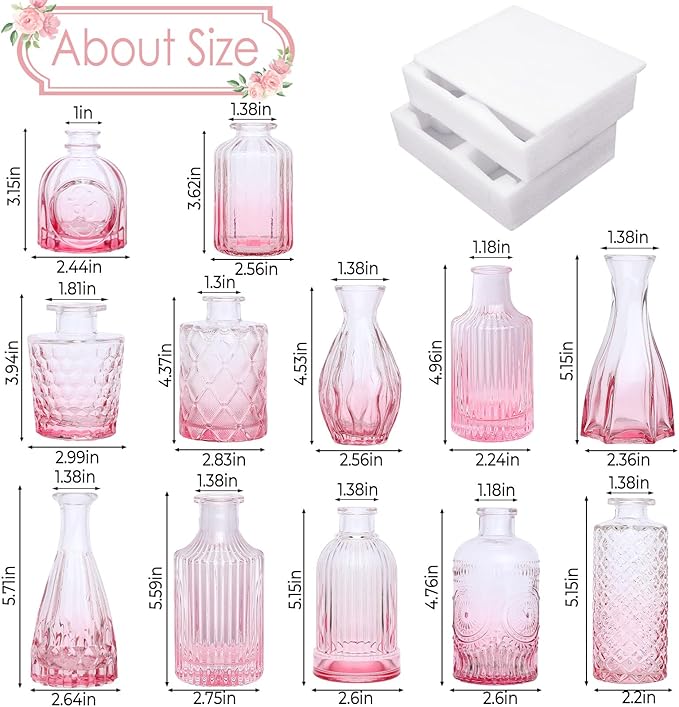 TBWIND Pink Glass Bud Vases Set of 12, Vintage Mini Vases for Centerpieces, Glass Bud Vase in Bulk for Wedding Decor, Single Flowers, Office and Home Table Flower Décor