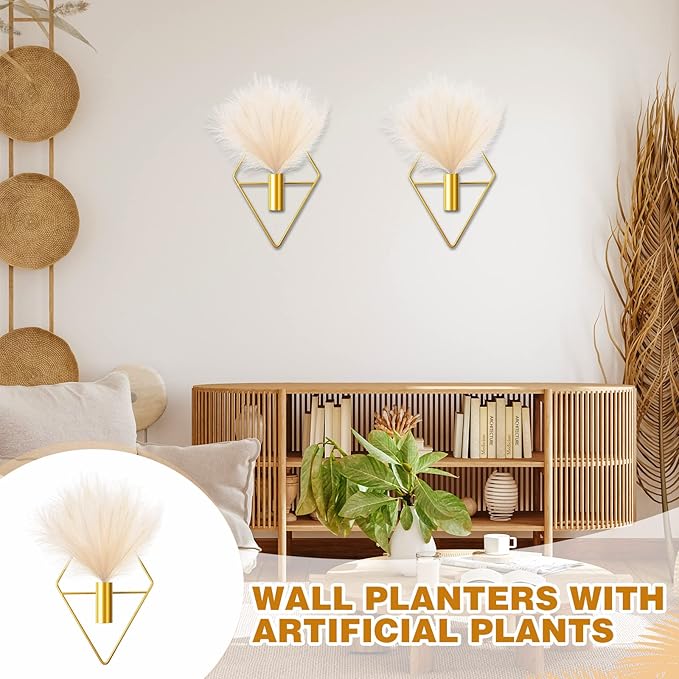 Jexine 2 Pcs Boho Wall Decor Gold Hanging Planters with Artificial Plants Wall Art Mounted Metal Home Decor Display Bedroom Bathroom Living Room(Pampas)