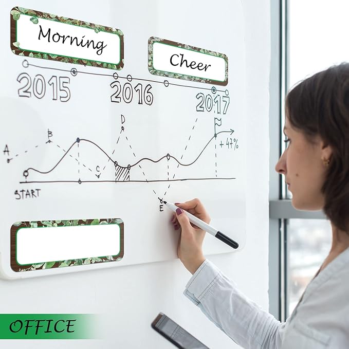 Kanayu 48 Pcs Eucalyptus Magnetic Dry Erase Labels Reusable Name Tag Plate Flexible Magnetic Label Sticker Blank Writable Card for Whiteboard Classroom Home Office Fridge(Stylish,1.18 x 3.15 Inch)