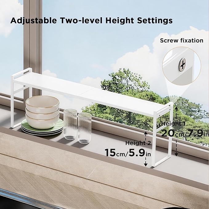 Expandable Narrow Shelf Organizer, Tall Countertop Organizer for Tight Spaces, Windowsill Plant Stand, Over-Sink/Faucet Shelf, Kitchen Counter Storage, Bathroom Vanity, Laundry Room (White)