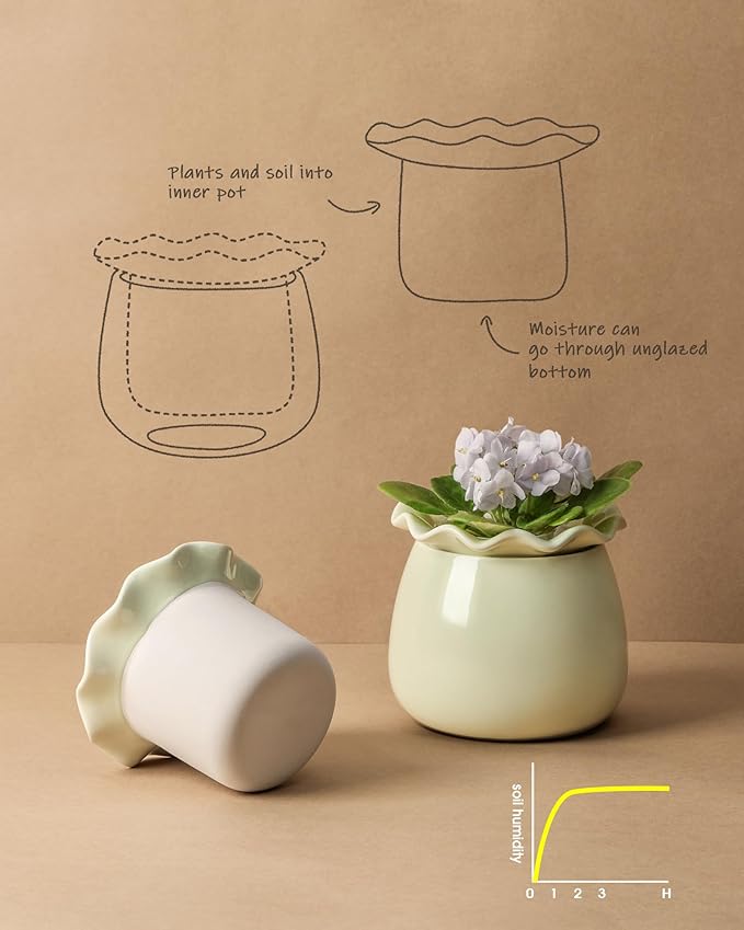 Fayoula Self Watering Plant Pot, 6 Inch African Violet Pots Maintenance, Ceramic Self-Watering Planter for Indoor Plants - Ideal Flower Pot for Thriving Indoor Gardens, Green