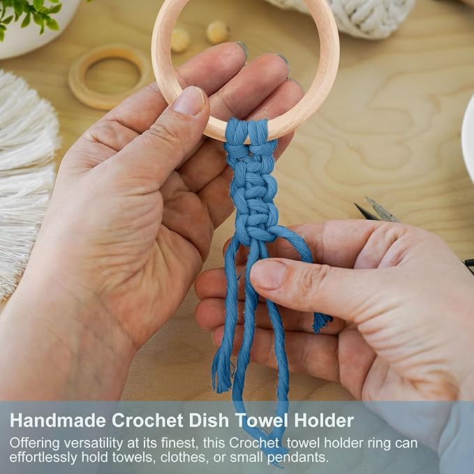 Tioncy 4 Pcs Kitchen Dish Towel Holder Mother's Day Gifts Boho Handmade Crochet Hanging Towels Loop Ring Knit Towel Hanger for Cabinet House Oven Stove Door, 4 Colors(Blue)
