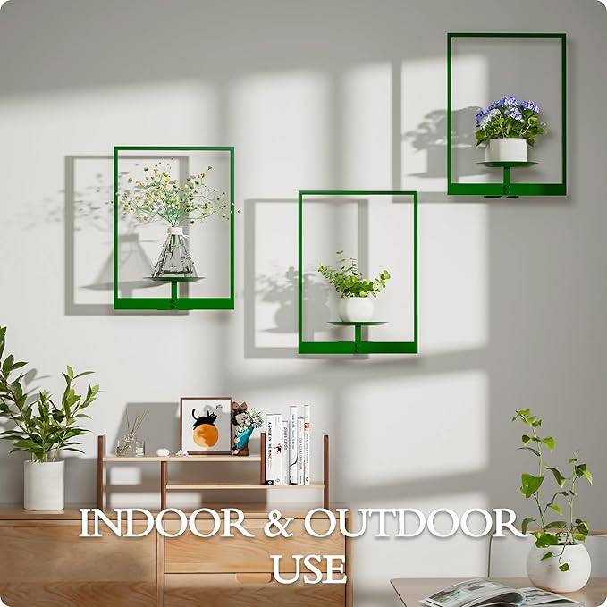 Green Metal Wall Plant Holder - 3-Pack Wall Mounted Plant Stands and Hanging Holders for Indoor Planter and Flower Pot -Rectangle Decor Shelf for Plant Storage (Pot Not Included)