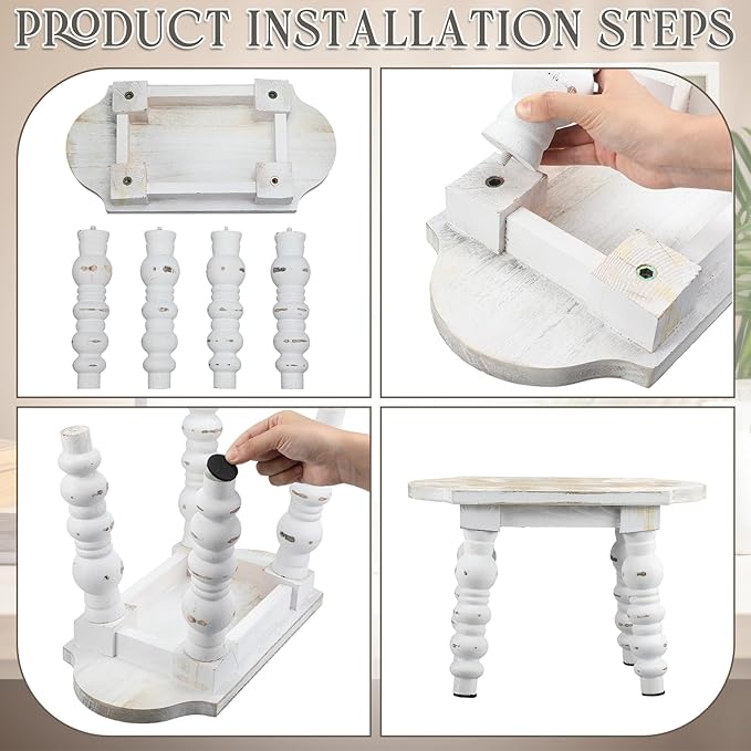 Reallnaive 2 Pack Wooden Bathroom Foot Stool Vintage Farmhouse Style Decorative Wooden Stool Stand Small Plant Stools for Adults Kitchen Bedroom Nightstand or Living Room Accent Table