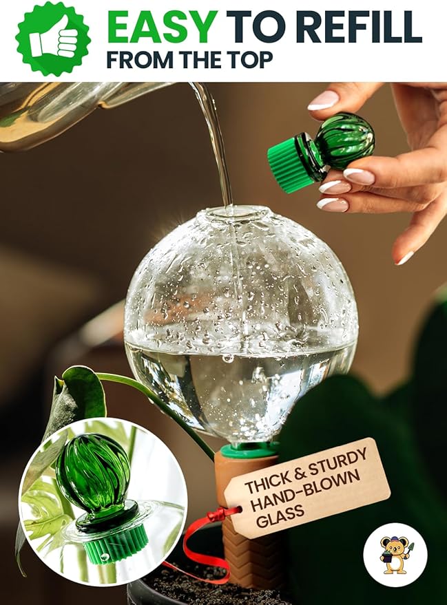 16 Oz Plant Watering Globes for Indoor Plants with Terracotta Self Watering Planter Insert - Premium XL Glass Hand-Blown Globe - Automatic Indoor Planter Waterer, Gift Idea for Gardeners [1, Clear]