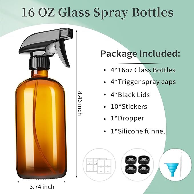 GIVAMEIHF 16oz Amber Glass Spray Bottles,4 Pack Glass Spray Bottles Refillable Empty Bottle with Adjustable Nozzle,Spray Bottle for Cleaning,Essential Oils,Cleaning,Pets,Plant, Hair Mister