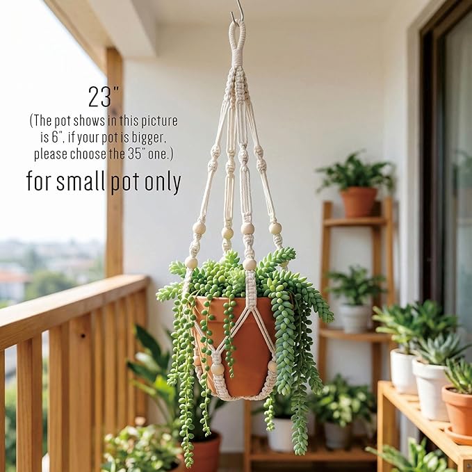 Macrame Plant Hanger Indoor, 23" No Tassel Hanging Plant Holder, Sturdy Flower Pot Holder with 2 Hooks - Ivory (Pot NOT Included)
